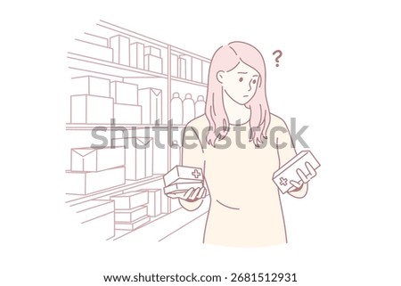 Difficult choice in pharmacy concept. Young frustrated woman cartoon character standing trying to choose right medicine in pharmacy shop vector illustration