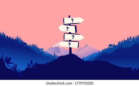 Schwierige Wahl - Wegweiser in einer offenen Naturlandschaft, der in verschiedene Richtungen mit Fragezeichen zeigt. Problemlösungskonzept. Vektorgrafik.