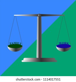 Difficult choice to spend time with family or at work. Pair of silver scales. Balance. Vector illustration.