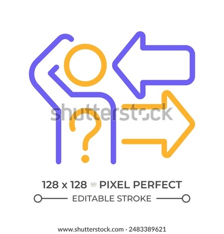 Difficult choice two color line icon. Person scratching head bicolor outline symbol. Decision making problem. Doubt and hesitation. Duotone linear pictogram. Isolated illustration. Editable stroke