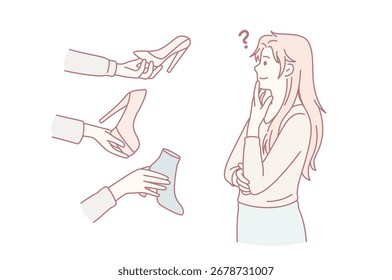 Difícil elección y concepto de variedad. Joven mujer frustrada personaje de dibujos animados de pie tratando de elegir zapatos de colores Ilustración vectorial