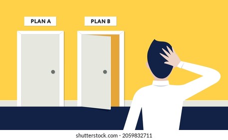 Difficult Choice. Vector Illustration In Flat Design. Office Man Is Standing In Front Of Two Doors With Plans A And B