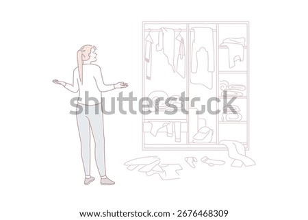 Difficult choice and wardrobe concept. Young frustrated woman cartoon character standing looking at chaos in wardrobe trying to choose clothes vector illustration