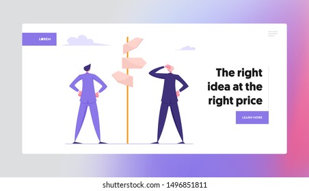Difficult Choice Website Landing Page. Businessmen Stand at Crossroad Looking Directional Signs Arrows Making Important Decision for Success Profit Web Page Banner. Cartoon Flat Vector Illustration
