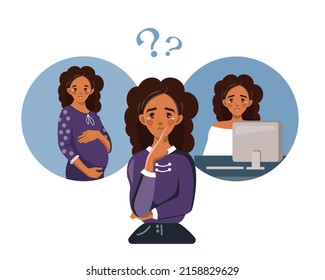 Difficult choice. A young African-American woman chooses between family and career. The concept of motherhood, career, child care. Choice. Making a decision. Vector illustration in cartoon style.