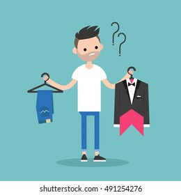 Difficult choice. Young bearded man trying to decide what to wear for the event / Flat vector clip art illustration