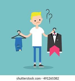 Difficult choice. Young blonde boy trying to decide what to wear for the prom / Flat vector clip art illustration