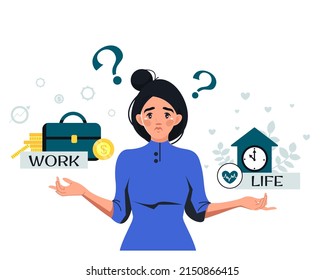 Difficult choice. A young girl chooses between family and work. Parenting or professional success. Choice. Making a decision. Vector illustration in cartoon style.