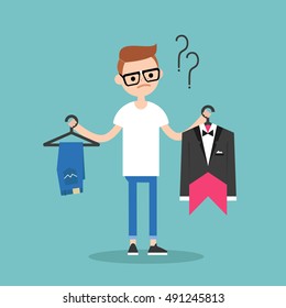 Difficult choice. Young teenage nerd trying to decide what to wear for the prom / Flat vector clip art illustration