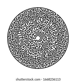 Difficult circle maze. Hard round vector labirinth. Vector black circle maze on white background. Education puzzle with search of solution. Circular isolated labirinth. A game for logic find way exit