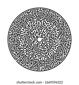 Difficult circle maze. Hard round vector labirinth. Vector black circle maze on white background. Education puzzle with search of solution. Circular isolated labirinth. A game for logic find way exit