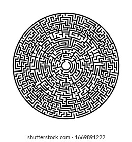 Difficult circle maze. Hard round vector labirinth. Vector black circle maze on white background. Education puzzle with search of solution. Circular isolated labirinth. A game for logic find way exit