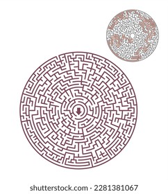 Difficult circle maze. Hard round vector labyrinth.Education puzzle with search of solution. Circular isolated labirinth. A game for logic find way exit