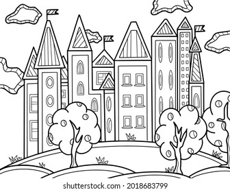 Difficult coloring page for adults and children town with trees.  Relaxation and Meditation