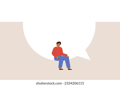 Difficult communications. Sad man sits on the edge of big speech bubble. Depressed male has internal herself dialogue and suffers from anxious thoughts. Mental health concept. Vector illustration