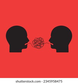 difficult communion between two people. cartoon simple flat trend modern graphic art design isolated on red background. concept of brawl and hard speaking by abuser and depression or stress or anxiety