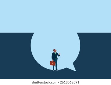 Difficult conversation. Businessman in pit a speech bubble. Productive dialogue. Discussion, conversation, meeting, team communication, colleague chatting, opinion. Flat vector illustration.