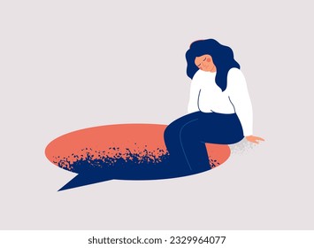 Difficult conversation. Sad woman sits on the edge of big speech bubble. Depressed girl has internal herself dialogue and suffers from anxious thoughts. Mental health concept. Vector illustration