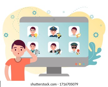 Difficult decision to choose future career for young student after graduation, flat, cartoon design vector illustration. Young man in search, choice career, business, occupation for work, profession.