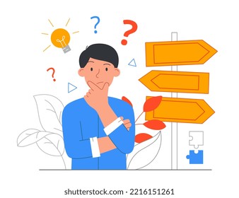 Difficult decision making. Man stands next to arrows and evaluates facts. Talented entrepreneur or businessman, thoughtful character. Emotions and facial expressions. Cartoon flat vector illustration