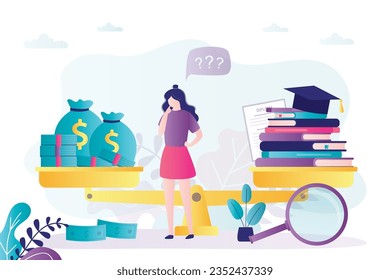 Difficult decision, woman student chooses between money and education. Graduation cap, textbooks, diploma and money on scales. Investment in future. student loan, scholarship and high college fees.