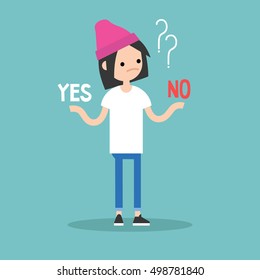 Difficult decision: Yes or no. Conceptual illustration. Young girl tries to choose the right answer. Editable flat vector clip art.