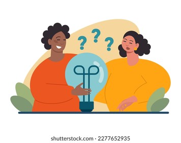 Difficult decision-making concept. Multiple options dilemma, problem of strategy vision. Characters trying to find a solution together. Idea development. Flat vector illustration