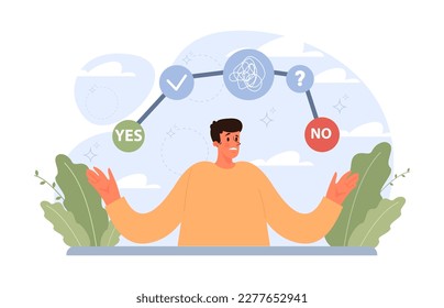 Difficult decision-making concept set. Multiple options dilemma, problem of strategy vision. Confused character trying to find a solution. Flat vector illustration