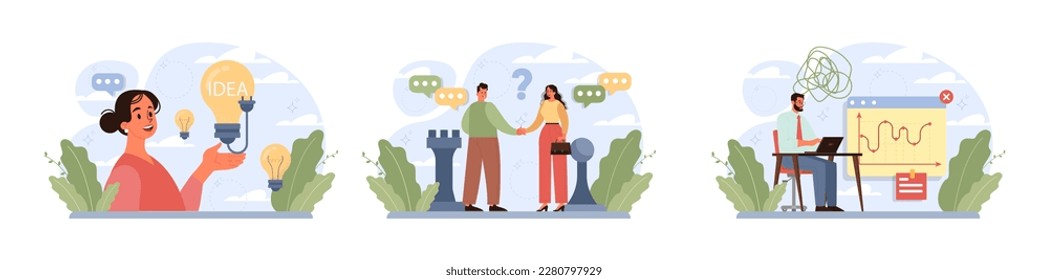 Difficult decision-making concept set. Multiple options dilemma, problem of strategy vision. Confused character trying to find a solution. Flat vector illustration