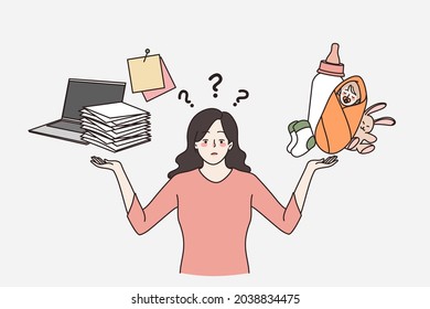 Difícil concepto de problema de elección femenina. Joven frustrada mujer estresada que elige entre familia y carrera responsable elegir ilustración vectorial