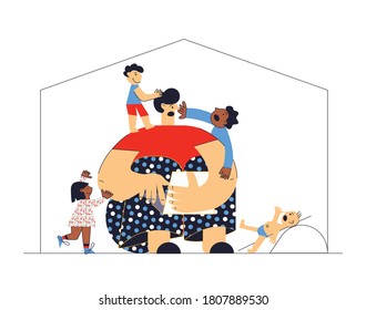 Difficult and frustrated parenting. Work from home. Multicultural family, adoptive father and children. Tired single dad feels exhausted with many kids. Flat vector cartoon illustration with character