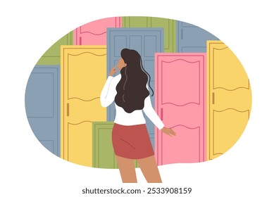 Difficult life choice faces woman standing near multi-colored doors in search of right path. Life choices on path of girl who needs help to avoid fatal mistake when getting education