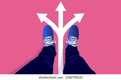 Difficult life choice - looking down on feet with arrows pointing in different directions. Uncertainty and choosing concept, vector illustration