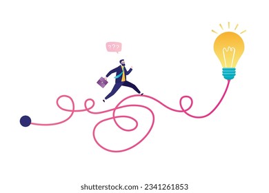 Difficult and long way to an innovative idea. Confident businessman runs along tangled road. Brainstorming, pitching ideas. Finding solutions and moving towards goal. Find answer. vector illustration