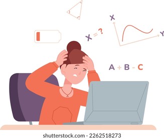 Difficult math homework. Stressed kid hard studying isolated on white background