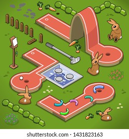 Difficult mini golf lanes with obstacles, pond and steeply raised surface (isometric view)