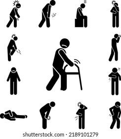 Difficult movement, patient, walker icon in a collection with other items