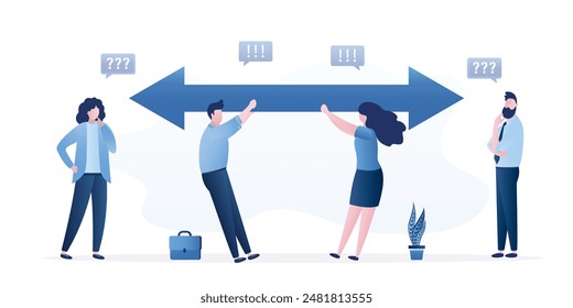 Difficult negotiations, business people pull the big arrow in different directions. Companies or business persons cannot agree, conflict, impasse. Communication, cooperation concept. Flat vector