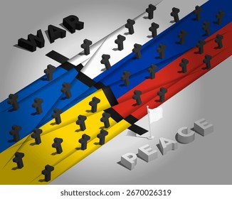 Der schwierige Weg vom schwarzen volumetrischen Wort "Krieg" zum weißen Wort "Frieden" vor dem Hintergrund der russischen und ukrainischen Flaggen. Nachweis der Schwierigkeit, Frieden zu erreichen