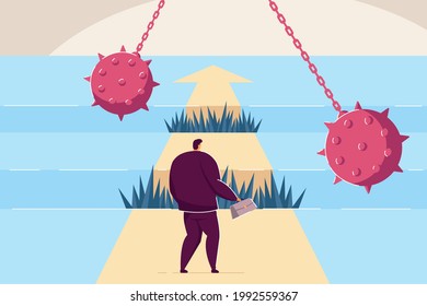 El camino difícil del empresario hacia el éxito, lleno de obstáculos. Ilustración vectorial plana. Un hombre valiente que va por su carrera, haciendo esfuerzos, superando la adversidad. Negocio, ambición, concepto de competencia