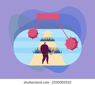 Difícil camino del hombre de negocios al éxito, lleno de obstáculos. Ilustración vectorial plana. Un tipo valiente haciendo pista en su carrera, haciendo esfuerzos, superando la adversidad. Concepto de negocio, ambición, competencia