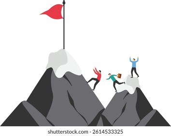 Difficult path. Businessman team walks on hill to victory flag stock illustration

