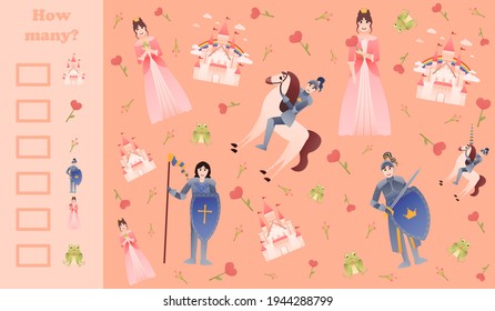 Difficult puzzle for kids, how many game with fairy tale characters - princesss and prince, armour in cartoon style