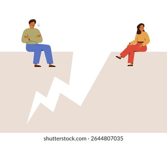 Difficult relationships between man and woman. Conflict, disagreement, misunderstanding in couple. quarrel and do not to want understand each other. Relationship break up and family crisis. Vector