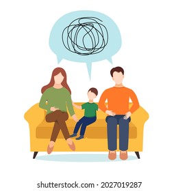 Difficult Relationships In The Family. Parents And The Child Do Not Understand Each Other. Problems Of Communication Between Parents And A Child. Mother, Father Andson Sit On The Couch. 