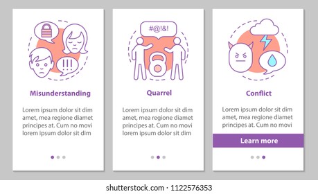 Difficult relationships onboarding mobile app page screen with linear concepts. Misunderstanding, quarrel, conflict steps graphic instructions. UX, UI, GUI vector template with illustrations
