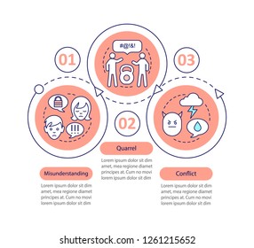 Difficult relationships vector infographic template. Misunderstanding, quarrel, conflict. Data visualization with three steps and options. Process timeline chart. Workflow layout