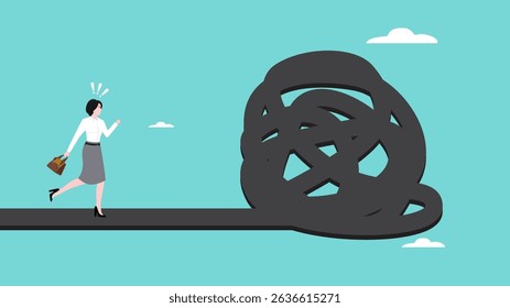 Difficult Road Ahead, journey or effort to achieve career success, obstacle or tough situation to overcome, difficulty or problem solving, businesswoman run to new challenge difficult road ahead