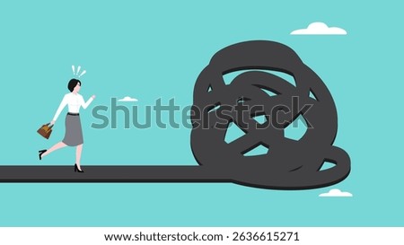Difficult Road Ahead, journey or effort to achieve career success, obstacle or tough situation to overcome, difficulty or problem solving, businesswoman run to new challenge difficult road ahead