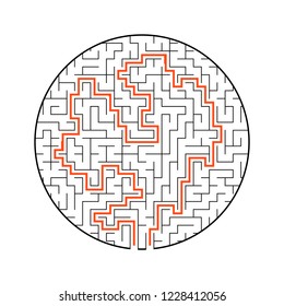 Difficult round labyrinth. Game for kids. Puzzle for children. One entrance, one exit. Labyrinth conundrum. Flat vector illustration isolated on white background. With answer